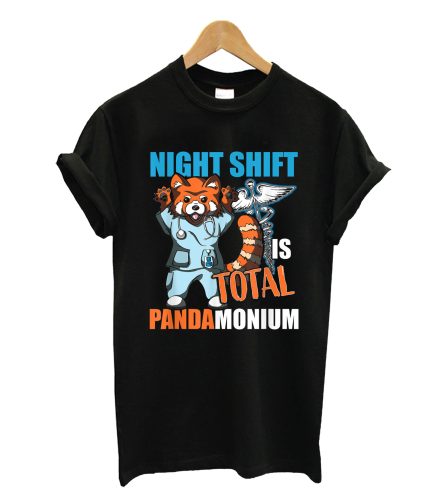 Night Shift Nurse Red Panda Wearing Scrubs Pandamonium Pun T-Shirt