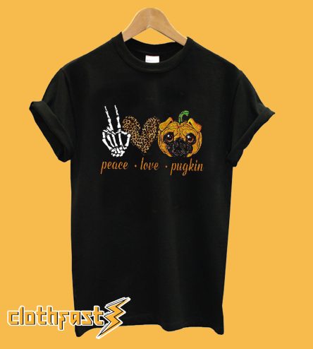 Peace Love Pugkin Leopard Skeleton Pumpkin T-Shirt